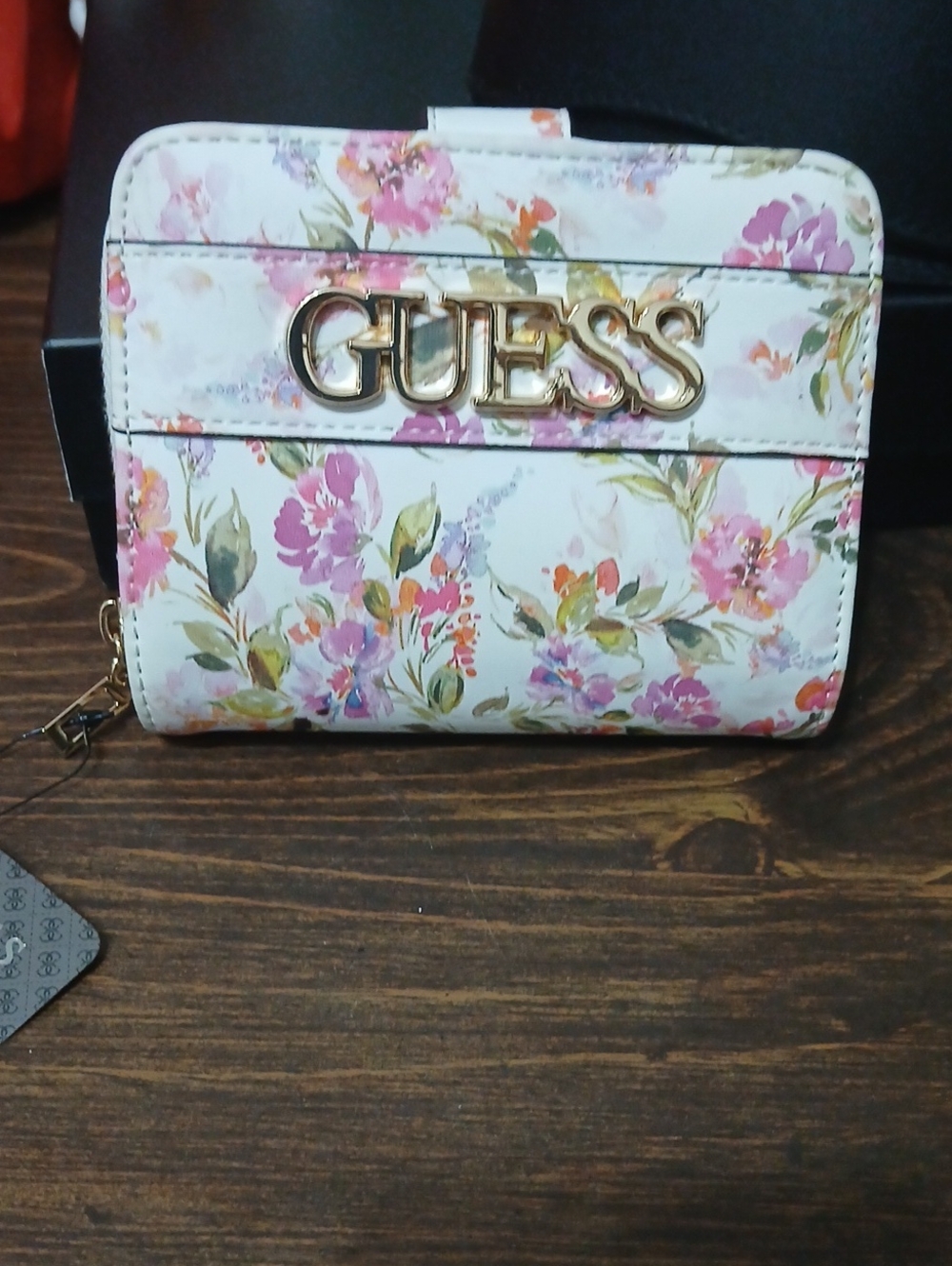 GUESS White Floral Wallet with Pink and Green Accents